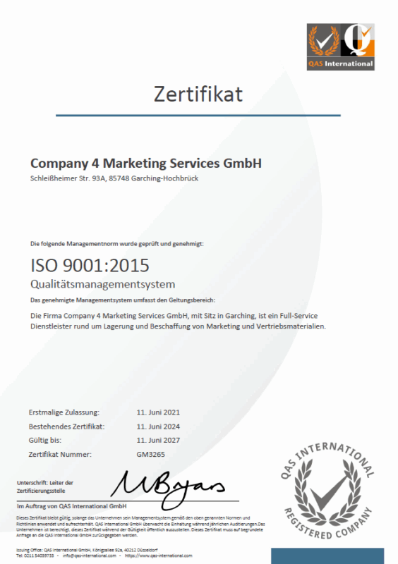ISO 9001 Zertifikat 2024